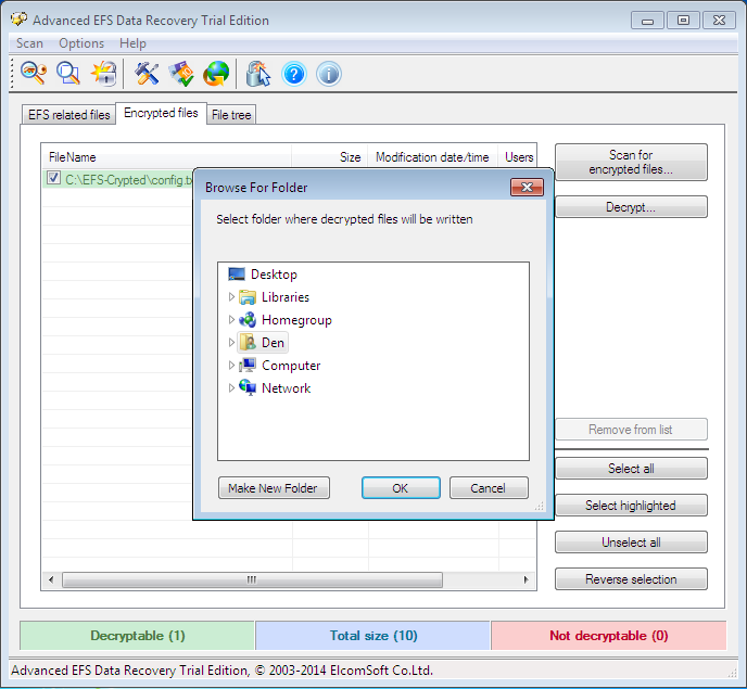 Choose a destination folder for decrypted files. Encryption software